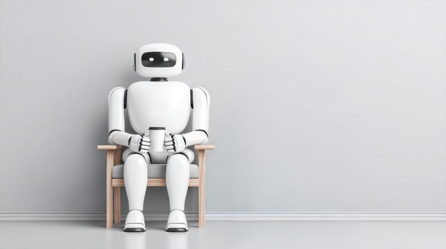Friendly white robot sitting on a chair holding a coffee cup, contemplating the future