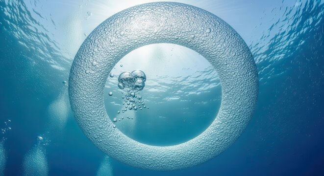 Abstract Circular Bubble Ring Floating Underwater in Deep Blue Ocean with Sunlight Rays