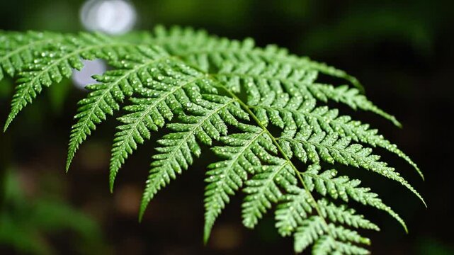 A close-up view of a lush green fern leaf in a dark forest