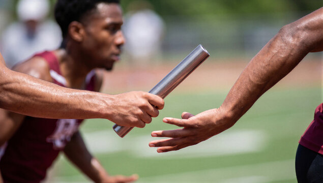 Relay race baton handoff between athletes on track field, teamwork and competitive sports action in motion