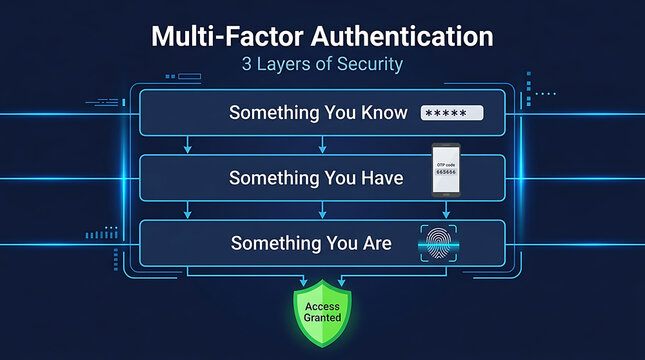 Multi-Factor Authentication Infographic Diagram Showing Three Layers of Security Something You Know Have and Are with Access Granted Shield, MFA Explainer Stock Image