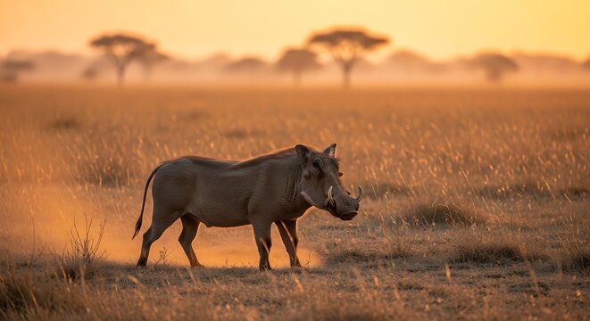 Warthog walking in savannah grassland freely.