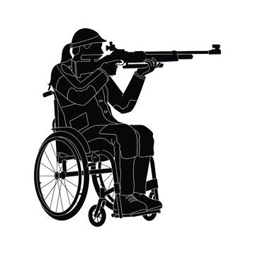 Silhouette of a female shooter in a wheelchair aiming a rifle