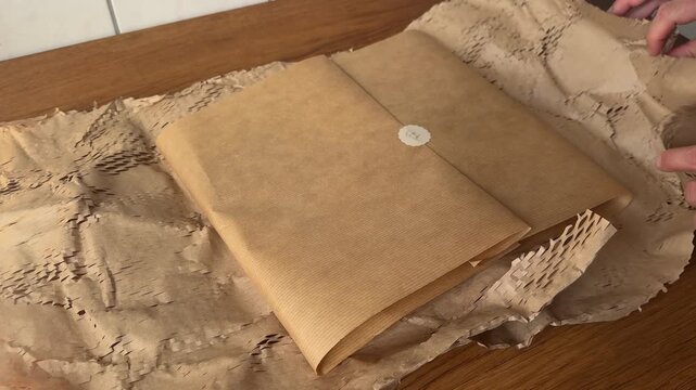 Hands wrapping a product in honeycomb kraft paper for sustainable shipping protection. Eco friendly packaging alternative to plastic bubble wrap.