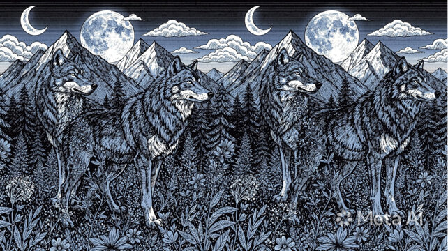 Three wolves standing in a line.