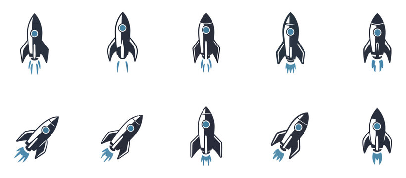 Collection of modern rocket launch vector logo designs for startups, innovation and business growth symbols, space launch and success concept, clean minimal branding illustrations for technology compa