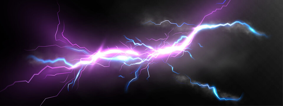 Glowing electric lightning strike with neon plasma sparks smoke and thunder flash on dark background.

