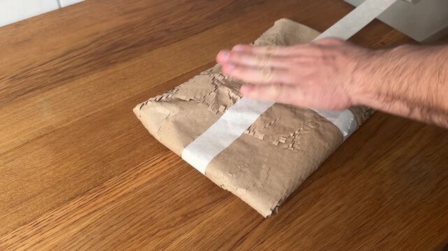 Hands sealing a wrapped package with tape. Secure parcel preparation and ecommerce shipping concept.