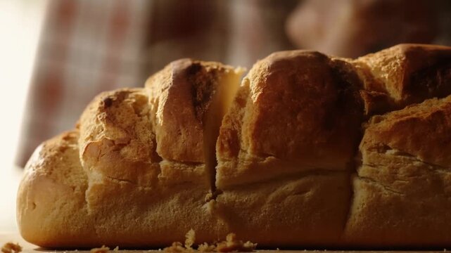 Slow motion static close up of hand slicing loaf of bread with knife on wooden countertop in kitchen morning light, crumbs falling