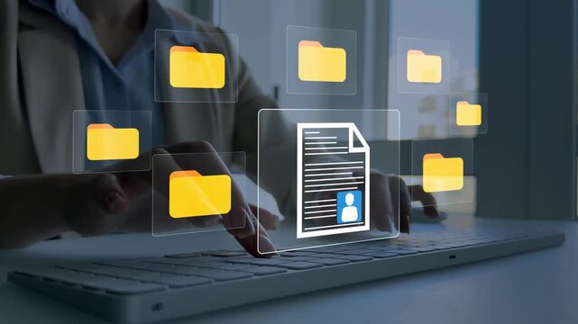 Employee archive documents storage, digital database system, business paperwork management, secure employee records, office file storage, data organization and document protection concept.