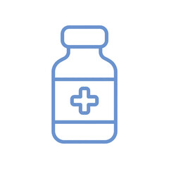 Fototapeta premium Blue outline icon of a medicine bottle with a medical cross symbol on the label, representing health and pharmacy.