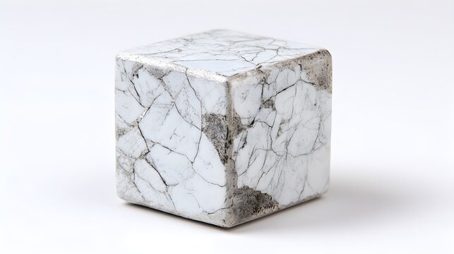 White Marble Cube with Grey Veins and Metallic Silver Accents, Luxury Stone Block Isolated on White for Modern Architectural Design