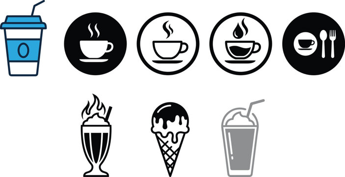 Set of coffee and dessert icons featuring disposable cups, hot beverage mugs, ice cream cones, and milkshake vectors isolated on white background