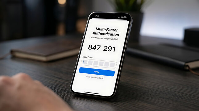 Smartphone Screen Displaying Multi-Factor Authentication SMS OTP Code Verification UI with Enter Code Field and Verify Button, Mobile Security Cybersecurity Stock Photo