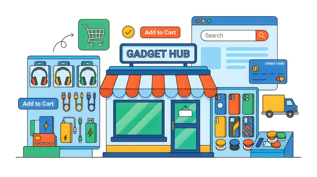 Gadget hub shop presents a modern storefront layout for browsing electronic devices and peripherals in a stylized digital environment.
