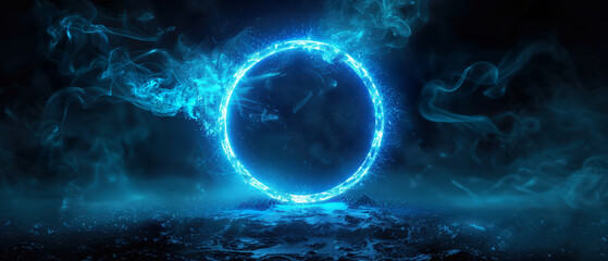 Fototapeta premium Glowing blue neon ring portal hovers above dark rocky ground. Ethereal smoke and mist swirl around bright energy circle with light trails in deep blue cosmic atmosphere