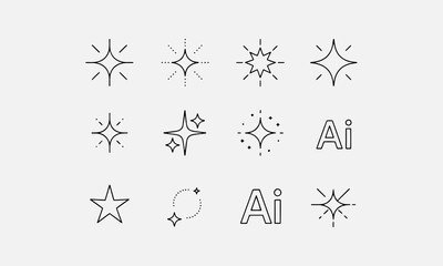 Naklejka premium Generative AI stars and sparkles app line art icon set, AI magic sparkle star symbol, ai generated gradient buttons, artificial intelligence star