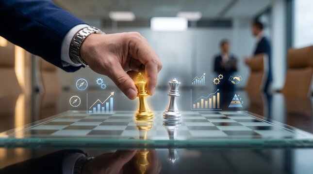 Business professional moving golden chess piece on glass board with digital data analytics graphs and icons in a modern bright corporate office meeting room space