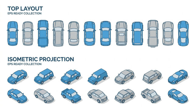 Collection of isometric and top view car illustrations.