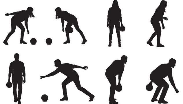 People silhouettes bending over to pick up balls in various positions featuring sports, exercise, fitness with silhouette and black and white
