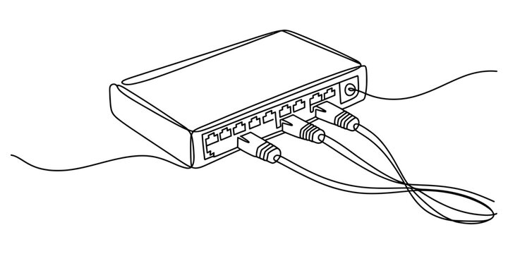 Black and white line art illustration of a network router with cables