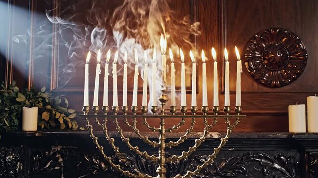 Dramatic scene of a burning menorah with smoke rising indoors at night