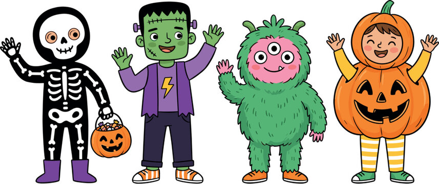 Cute cartoon kids wearing Halloween costumes skeleton frankenstein monster and pumpkin trick or treat vector illustration set