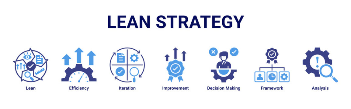Lean Strategy web banner icon vector illustration with icons of Lean, Efficiency, Iteration, Improvement, Decision Making, Framework and Analysis