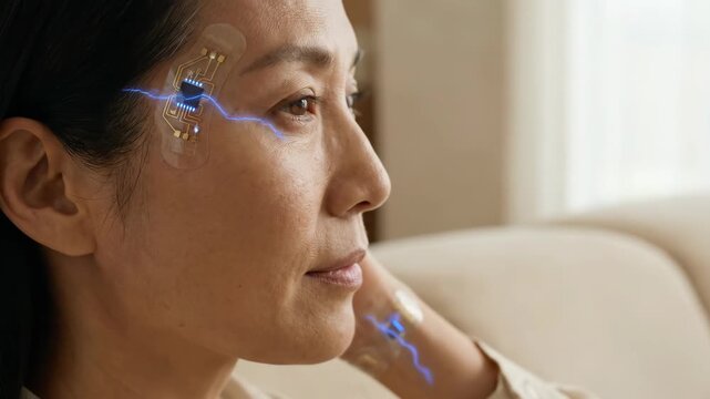 Thoughtful asian woman displaying glowing neurotechnology and integrated microchips, a close-up profile illustrating advanced human augmentation for commercial innovation.