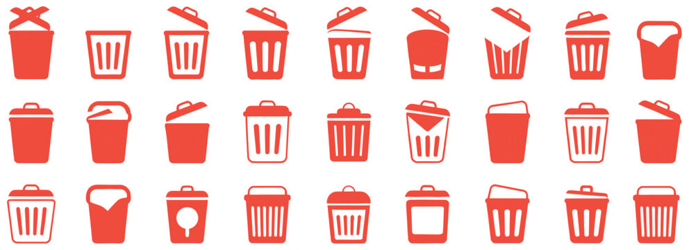 Delete icon collection, trash bin and remove symbols, delete action buttons and file disposal concept, clean vector design elements for mobile apps, dashboards, and digital management interfaces.