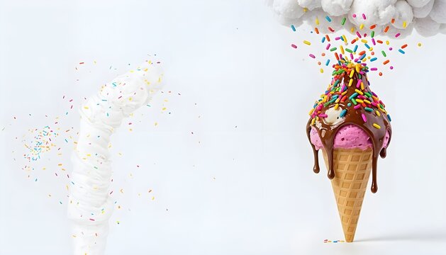 Cono de helado derretido que en realidad es un volc&aacute;n en erupci&oacute;n con chispas de colores, un concepto de comida surrealista.