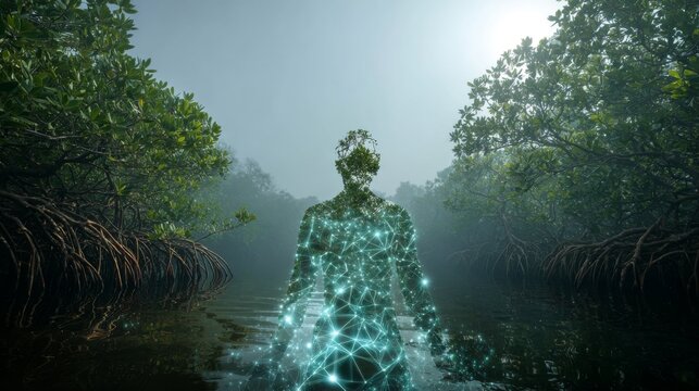 Ethereal Human Silhouette Emerging from Mystical Mangrove Forest with Glowing Roots and Serene Water Reflection