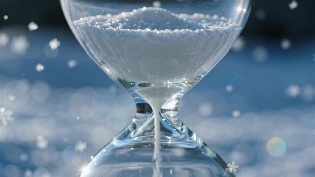 Hourglass with white sand falling inside against a soft blurred background of winter falling snow