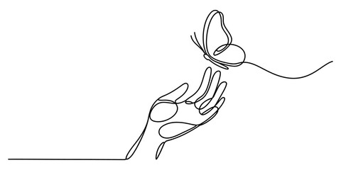 Continuous single line drawing of a butterfly landing on a human hand © JCS Graphic Design 