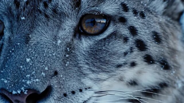 Extreme close up of snow leopard head with intense golden eye looking into camera for wildlife conservation concept and winter survival theme in the mountains