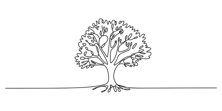 Black and white line drawing of a tree with roots