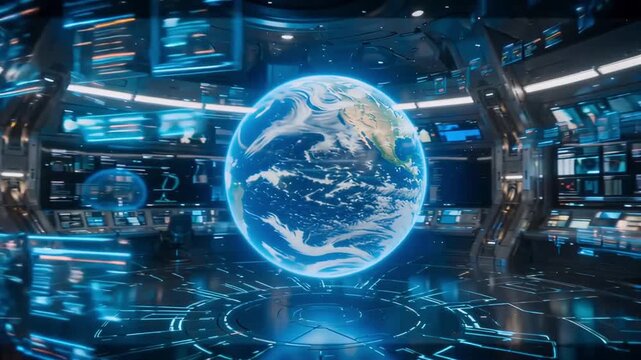 Glowing digital earth hologram rotating inside a futuristic high tech command center with data screens