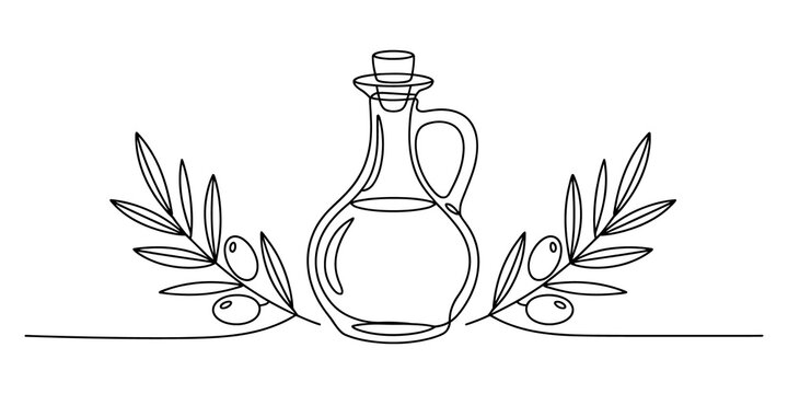 Continuous single line drawing Olive oil bottle with two olive branches sketch illustration