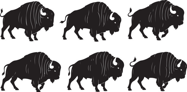 Set of black bison silhouettes walking in unison