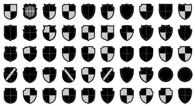 Collection of various black heraldic shields and crests on white background