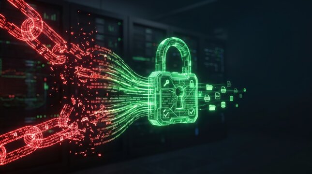 Glowing green padlock breaks free from ransomware's red blockchain chain in a dark cyberpunk background with code and servers
