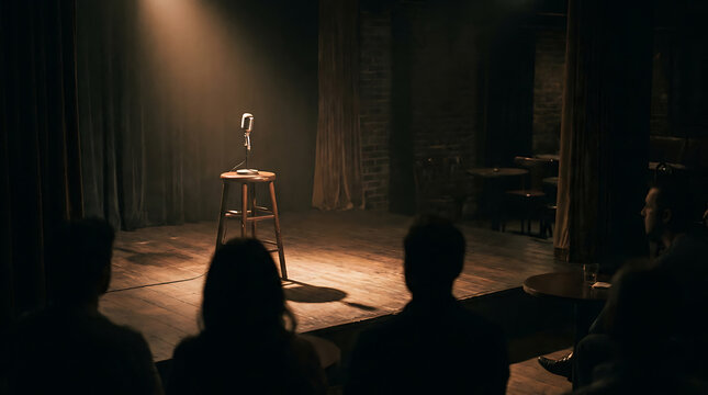 Empty wooden stool with a vintage microphone on a dimly lit stage in a small club, with silhouettes of an audience watching in the dark foreground
