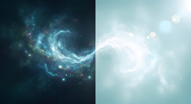 Cosmic nebula split screen dark matter and ethereal light abstract space art