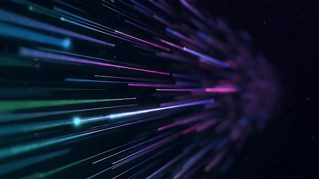Horizontal streams of neon colored code glide across a deep backdrop producing a futuristic data stream effect.