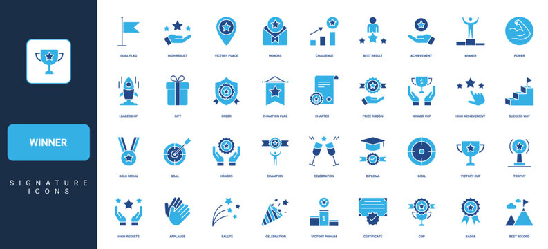 Winner award and trophy of success victory, prize of champion in competition glyph icon set. Achieve medal and cup, first place on podium, gift solid vector illustration