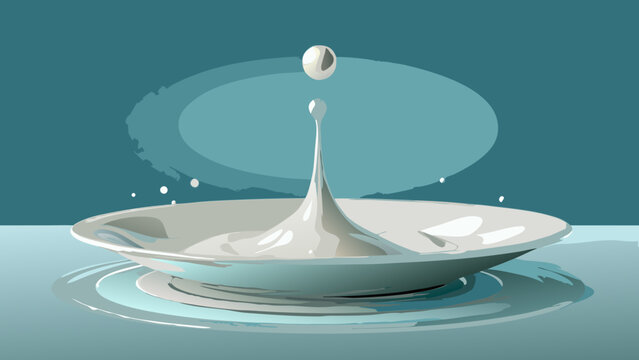 White liquid splash in dish with drop falling into surface abstract symmetry background contrast highlight illustration creative