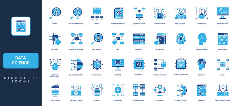 AI and data science, algorithm, program and database, cybersecurity, machine learning glyph icon set. Computer and server network, HCI, data processing solid vector illustration