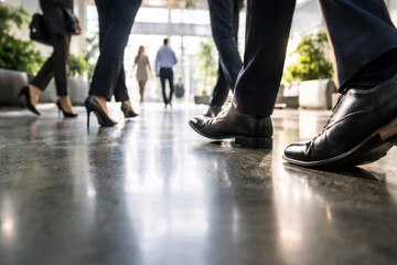 Fototapeta premium Business professionals walking in modern office lobby setting