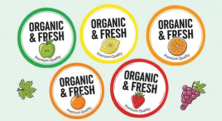Fototapeta premium Organic and Fresh Food Labels with Fruits and Vegetables.