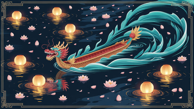 Illustration of a dragon boat with a dragon head at the front, sailing
